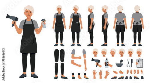 Stylist character kit showcasing various poses and accessories for hairdressing and beauty