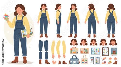 Young child character design kit for animation and illustration projects featuring clothing and