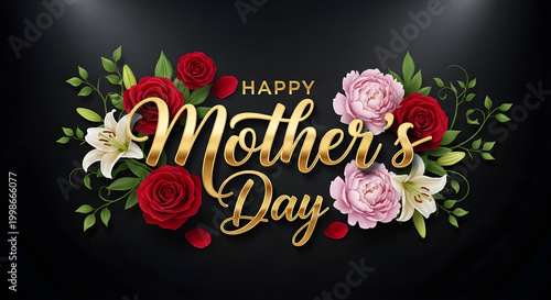 Happy mother's day elegant floral design with roses lilies and gold calligraphy