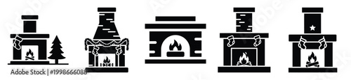 High quality fireplace  silhouette vector icon set. christmas isolated icons on white background Vector illustration.