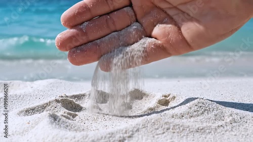 Hand pouring white sand on a tropical beach with turquoise ocean water in the background