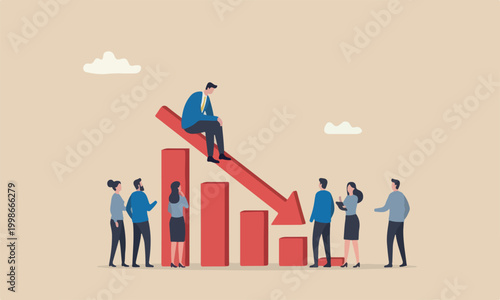 Economic recessio meeting teams together Coronavirus pandemic concept, unemployed businessman investor or business owner sitting on falling down bar graph, red