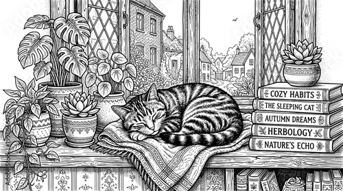A serene tabby cat sleeps on a blanket beside potted plants and books by a window