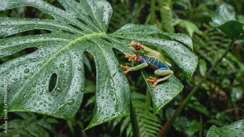 Red-eyed tree frog sitting on a large wet Monstera leaf in a rainforest environment