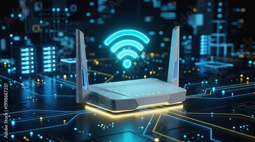 Wi-Fi router with glowing signal on futuristic tech circuit background