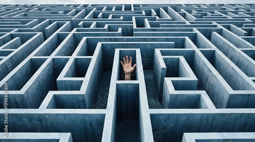 Hand reaching up from inside a complex concrete maze seeking help.