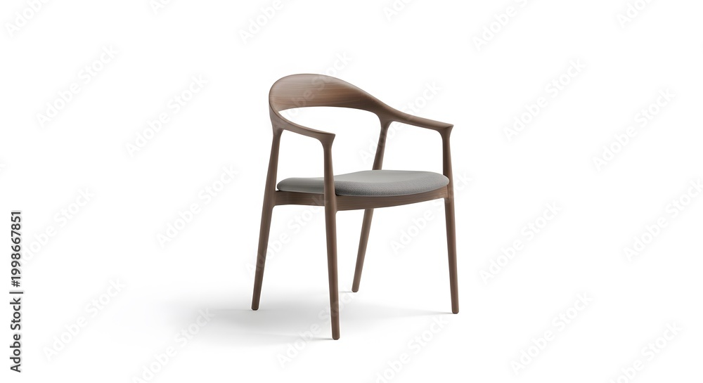 Fototapeta premium Modern Wooden Dining Chair with Grey Fabric Seat Isolated on White Background, Contemporary Furniture Design for Home and Office