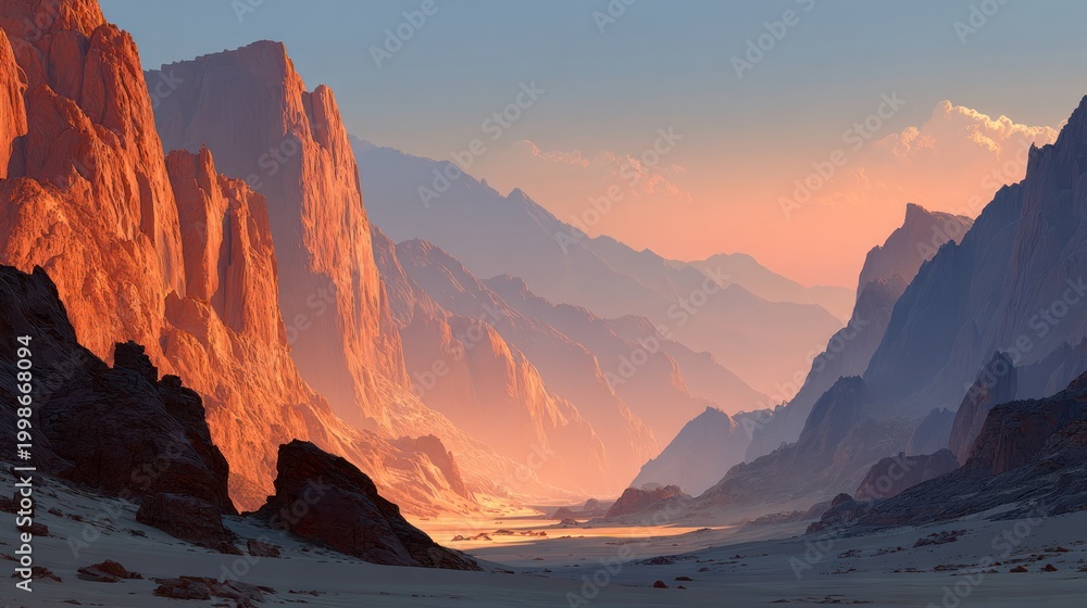 Naklejka premium Dramatic landscape painting of canyon and mountain range with sunrise glow