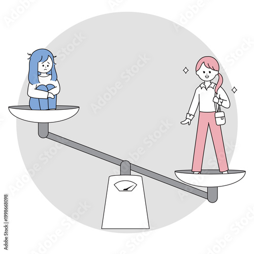 人と自分を比べ劣等感を感じる女性をイメージしたイラスト