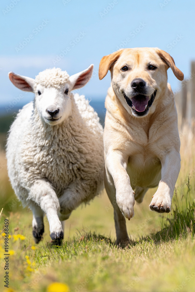 Fototapeta premium Dog and sheep running together in field symbolizing energy and new year start