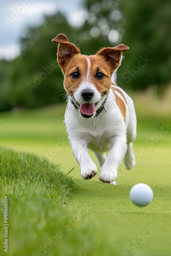 Jack Russell Terrier running toward golf ball on green course