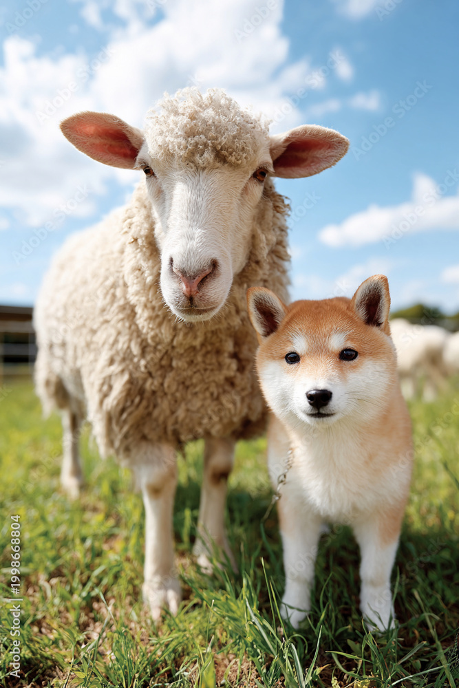 Obraz premium Shiba Inu standing with sheep in green field representing new year symbolism