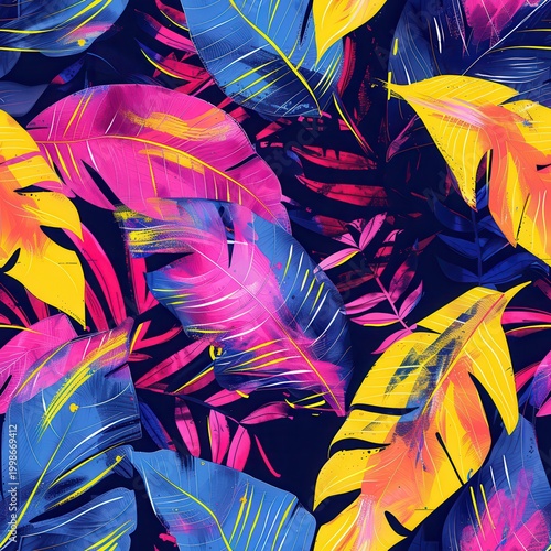 Colorful Tropical Leaves Pattern with Neon Yellow, Pink, Blue, and Orange Paintbrush Strokes Digital Illustrative Artwork Vibrant Exotic Jungle Theme
