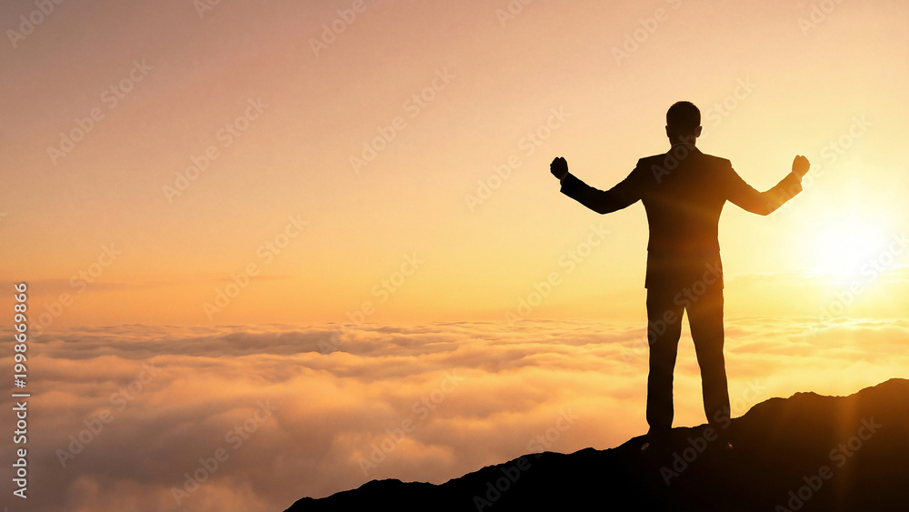 Fototapeta premium Triumphant Businessman Silhouette Above Clouds Sunrise Arms Raised