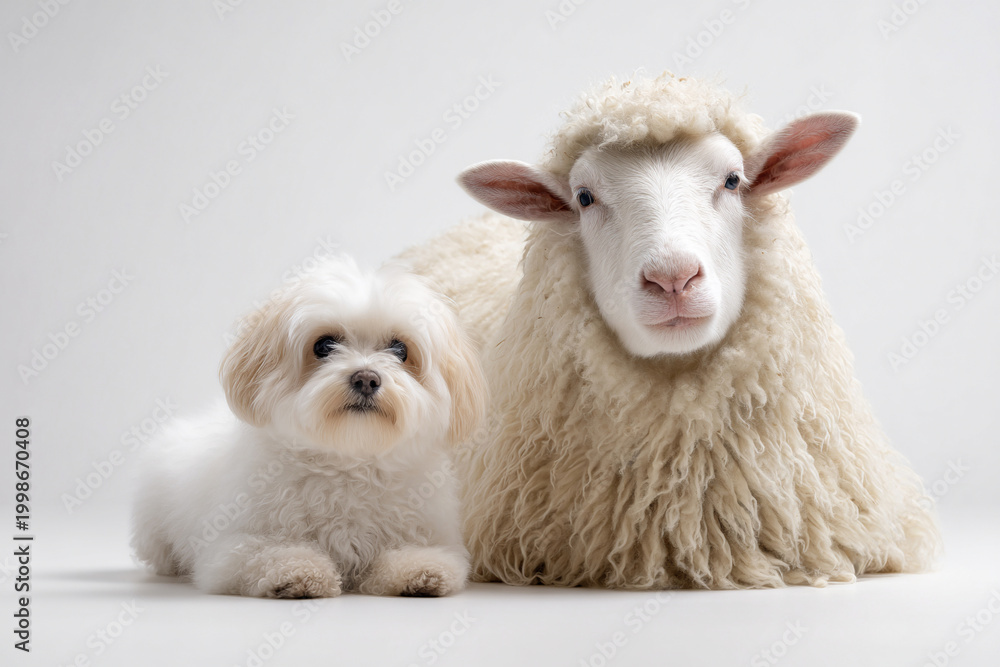 Fototapeta premium small white dog and sheep sitting together isolated on white background zodiac concept