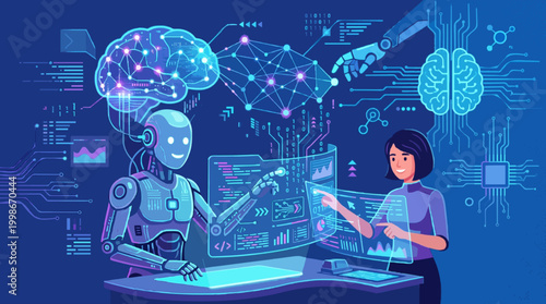 Flat vector artificial intelligence and machine learning concept illustration, humanoid robot with friendly face working alongside human