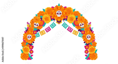 Day of Dead marigold flower arch with sugar skulls and papel picado. Dia de los Muertos floral frame