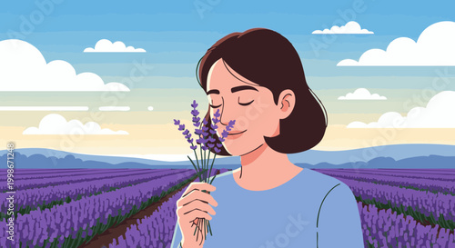 Woman smelling lavender flowers in purple field vector illustration