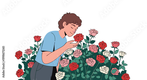 Person smelling colorful roses in summer garden vector illustration