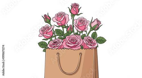 Pink roses bouquet in paper shopping bag isolated on black background