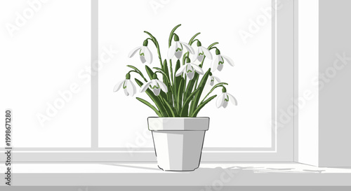Snowdrop flowers in pot on bright windowsill vector illustration