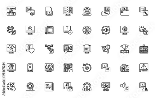 Video Editing icon set. Minimal linear vector icons pack. Includes symbols for timeline, footage, transition, color grading, editing tools, live stream, and more. Editable stroke.