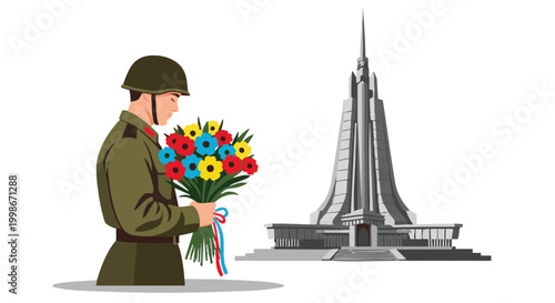 Solemn soldier holding colorful flower bouquet at war memorial monument