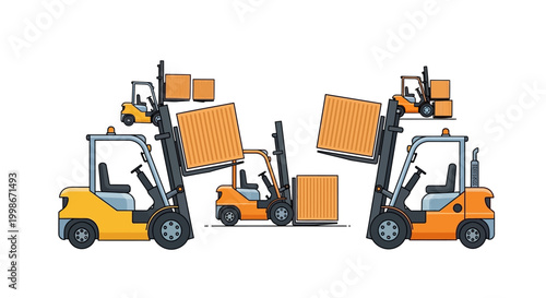 Industrial forklifts transporting cargo containers and boxes for efficient logistics operations