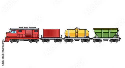 Illustration of a freight train carrying various cargo containers