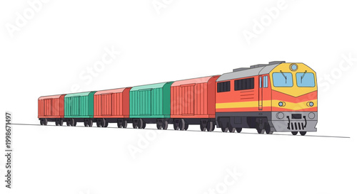 Powerful Locomotive Pulling Long Chain of Freight Containers - Rail Transport System