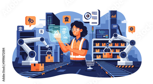Woman in futuristic factory using augmented reality to control robotic arms and automated production line with smart technology
