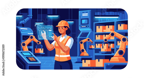 Woman engineer using futuristic holographic interface in automated factory with robotic arms and advanced technology