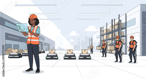 Warehouse worker with tablet overseeing automated robots and forklifts in a modern logistics facility