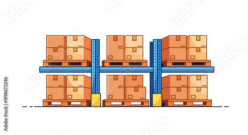 Warehouse shelves with stacked boxes on pallets illustration