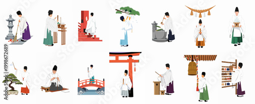 Obraz na płótnie Illustrations of a Japanese Shinto Priest Performing Traditional Rituals and Daily Duties at a Shrine, Set on White Background