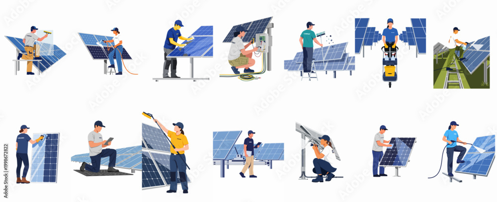 Fototapeta premium Collection of illustrations showing professional technicians cleaning, inspecting, and maintaining solar panels for sustainable and renewable energy services.