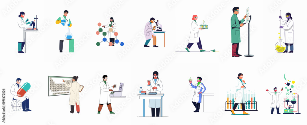 Fototapeta premium Collection of diverse scientists and researchers performing various laboratory experiments using microscopes, beakers, and scientific equipment in a flat vector style.