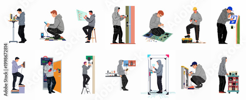 Set of diverse hacker and cybersecurity expert characters performing technical tasks like soldering, lock bypassing, and coding, isolated on white background.