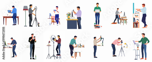 Collection of men engaged in content creation, food photography, and remote work using various digital tools and professional equipment in minimalist vector style.