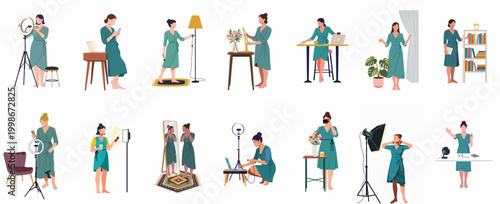 Flat vector illustration set of a young woman content creator filming videos, working remotely, and performing daily routines at home.
