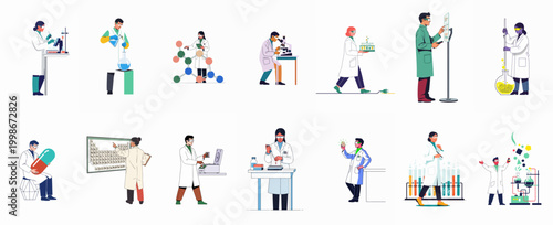 Collection of diverse scientists and researchers performing various laboratory experiments using microscopes, beakers, and scientific equipment in a flat vector style.