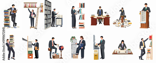 Professional illustrations of researchers, librarians, and archivists working with books, documents, and stacks in various office and library settings.