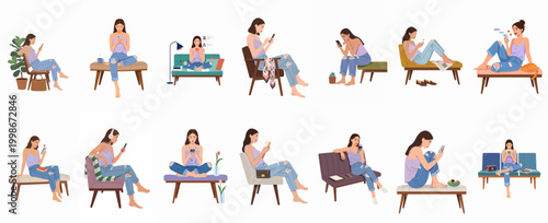 Collection of Young Woman Character Illustrations Using Her Smartphone in Various Comfortable Poses and Indoor Settings