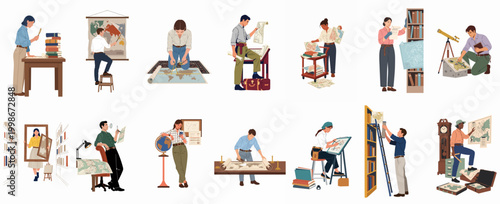 Collection of diverse professionals and researchers working with world maps, globes, and historical documents in libraries, archives, and studies, depicting exploration and cartography.
