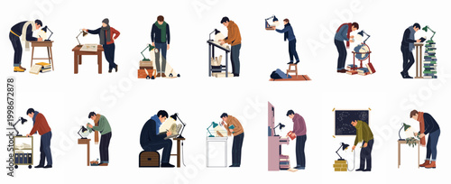 Flat vector set of a man in a sweater researching, reading, and working with ancient artifacts, books, and maps in a library.