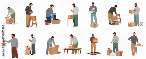 A set of illustrations depicting a man packing boxes for moving, shipping goods for a small business, and preparing various gift packages.