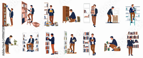 Set of flat illustrations featuring a man organizing, reading, and managing a home library or bookstore bookshelf collection.