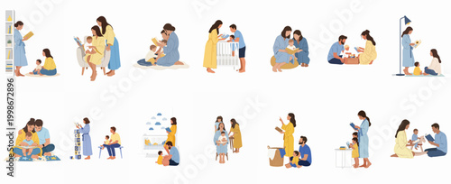 Set of flat vector illustrations depicting parents reading books to their babies and toddlers at home, showcasing various family bonding moments and bedtime routines.