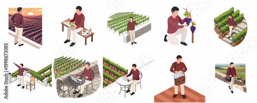 Isometric Scene Collection of a Person Working and Relaxing in a Vineyard Setting