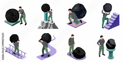 Isomeric Illustration of a Man Struggling to Push a Large Dark Boulder Upward Through Various Challenges and Obstacles